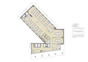 Plattegrond van de tweede verdieping van een kantoorpand aan de Johan Cruijff Boulevard met werkplekken, vergaderruimtes en sanitaire voorzieningen.